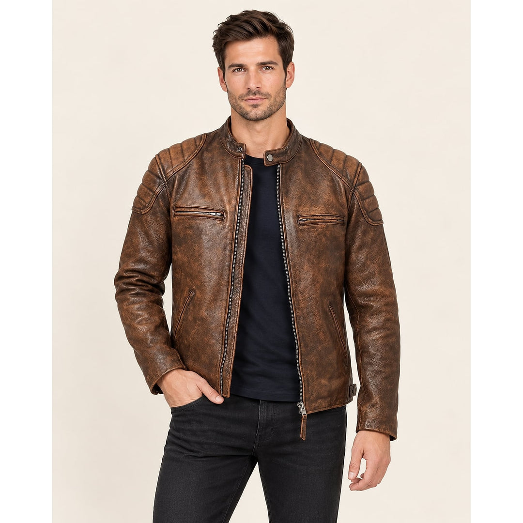 Men's Faux Leather Jacket in Coffee Brown, front view