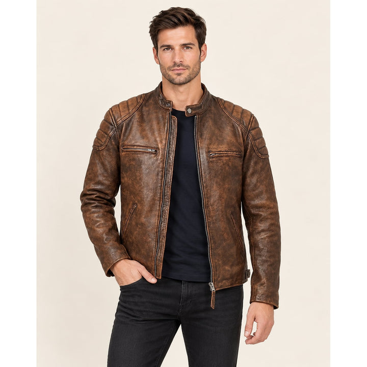 Men's Faux Leather Jacket in Coffee Brown, front view
