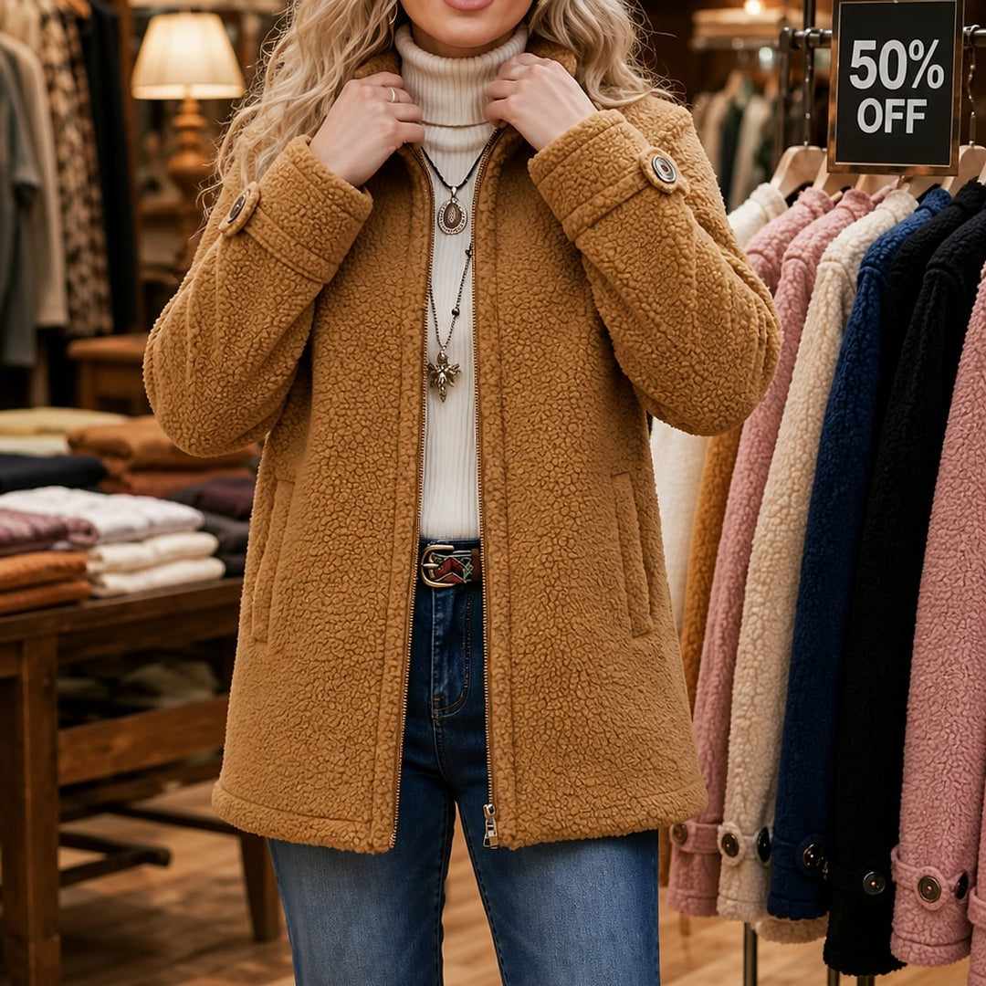 Women's Plush Zipper-Up Jacket in Brown, front view