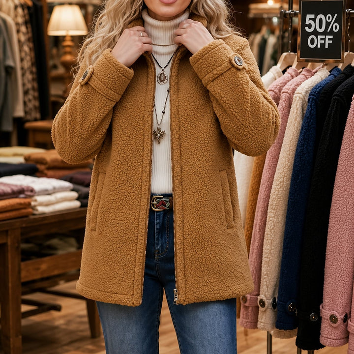 Women's Plush Zipper-Up Jacket in Brown, front view
