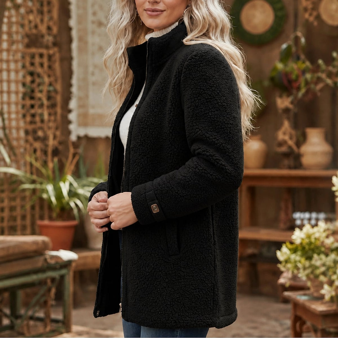 Women's Plush Zipper-Up Jacket in Black, side view