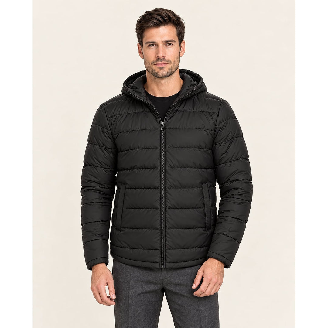 Men's Black Puffer Jacket, front view 2