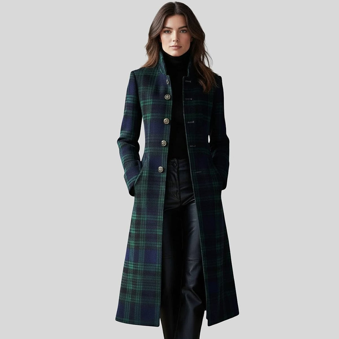 Women's Plaid Coat in Green, front view