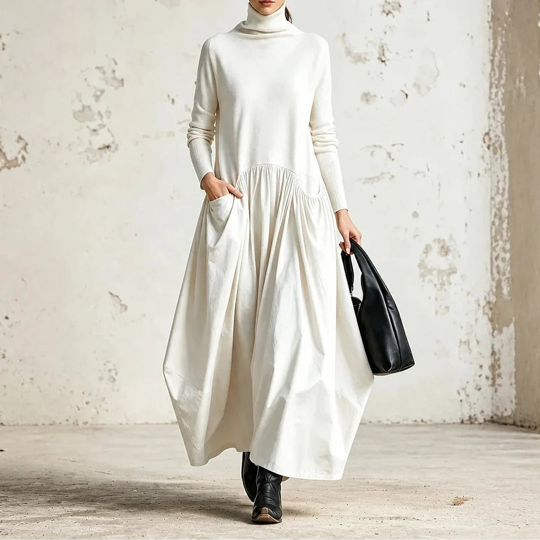 Women's High Neck Maxi Dress in White, front view