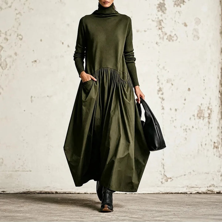 Women's High Neck Maxi Dress in Green, front view
