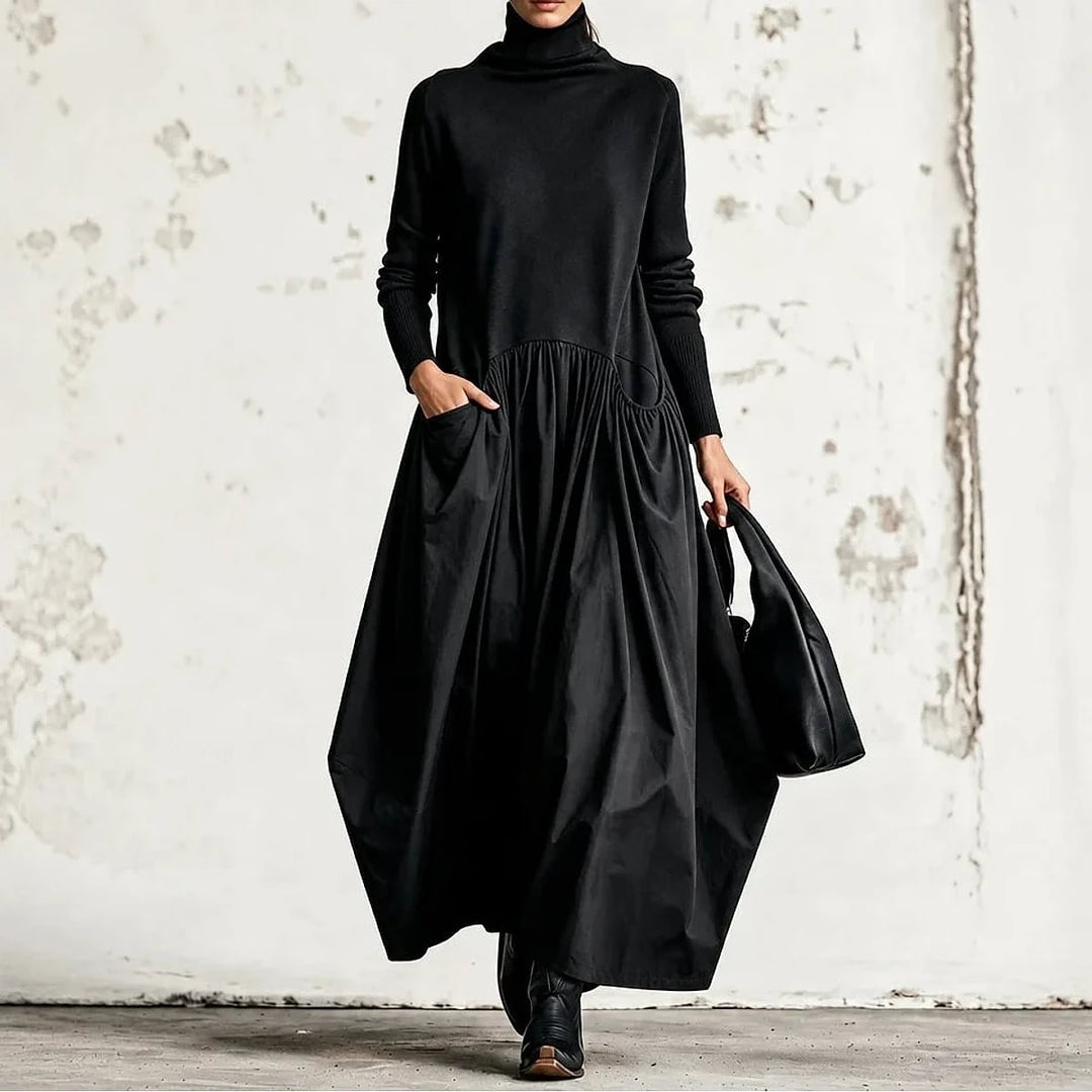Women's High Neck Maxi Dress in Black, front view