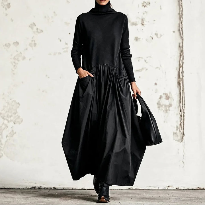 Women's High Neck Maxi Dress in Black, front view