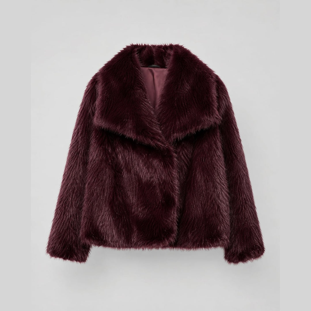 Women's Cropped Faux Fur Jacket in Burgundy, detail view