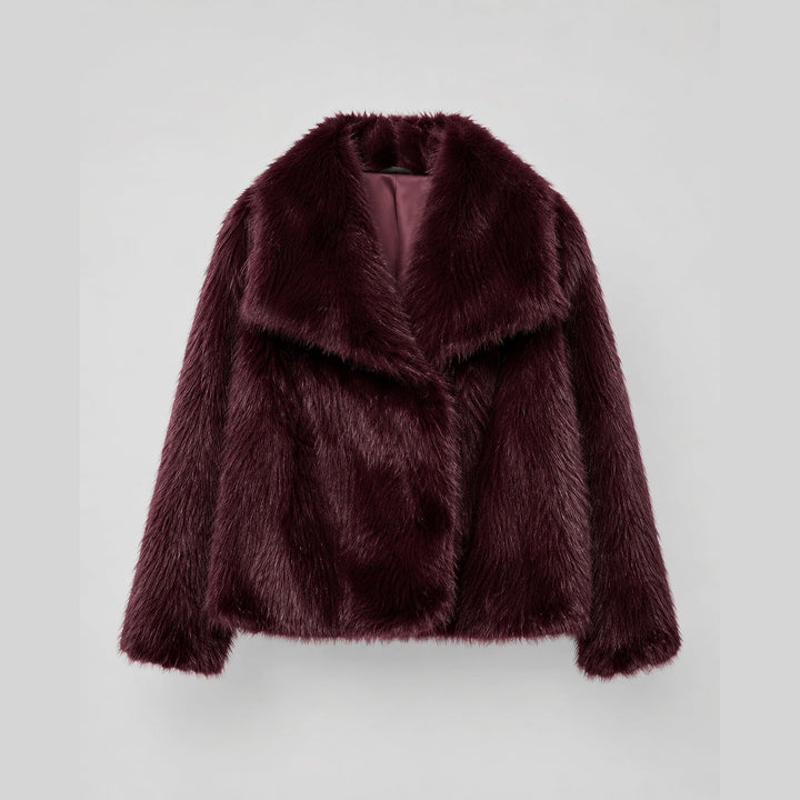 Women's Cropped Faux Fur Jacket in Burgundy, detail view