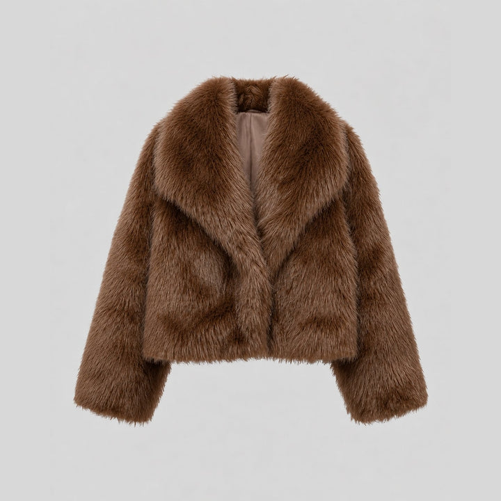 Women's Cropped Faux Fur Jacket in Brown, detail view