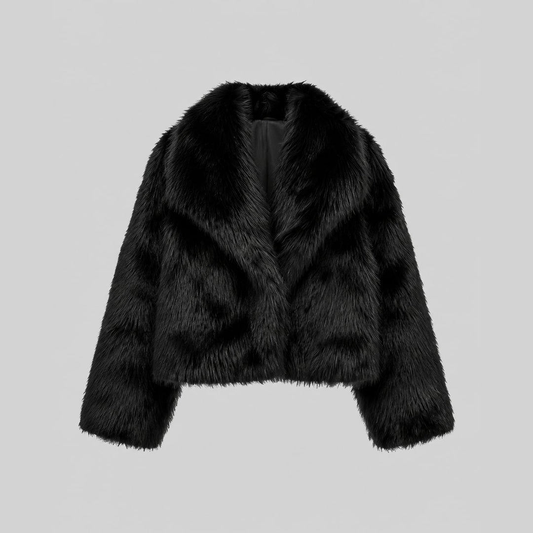 Women's Cropped Faux Fur Jacket in Black, detail view
