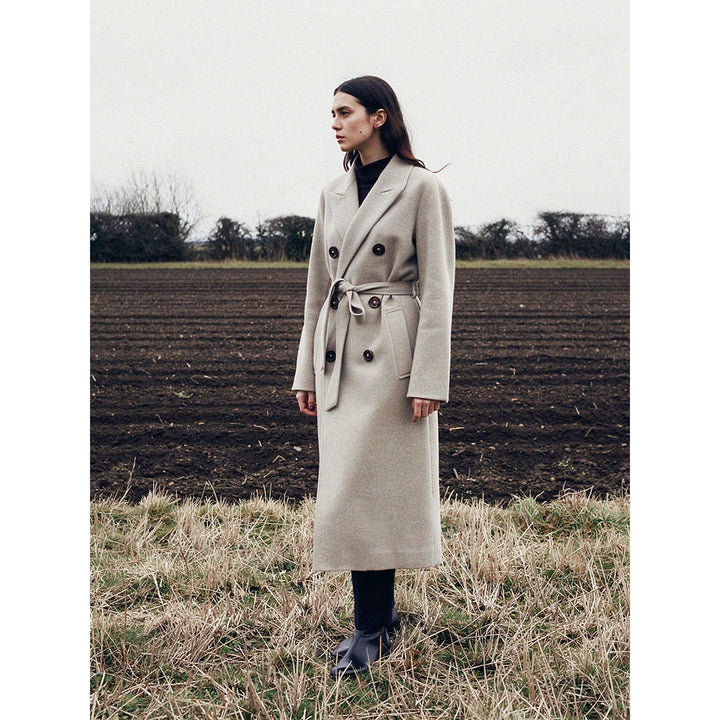 Women's Belted Wool Maxi Coat in Beige, front view