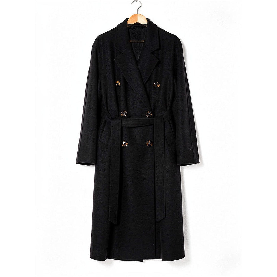 Women's Belted Wool Maxi Coat in Black, front view