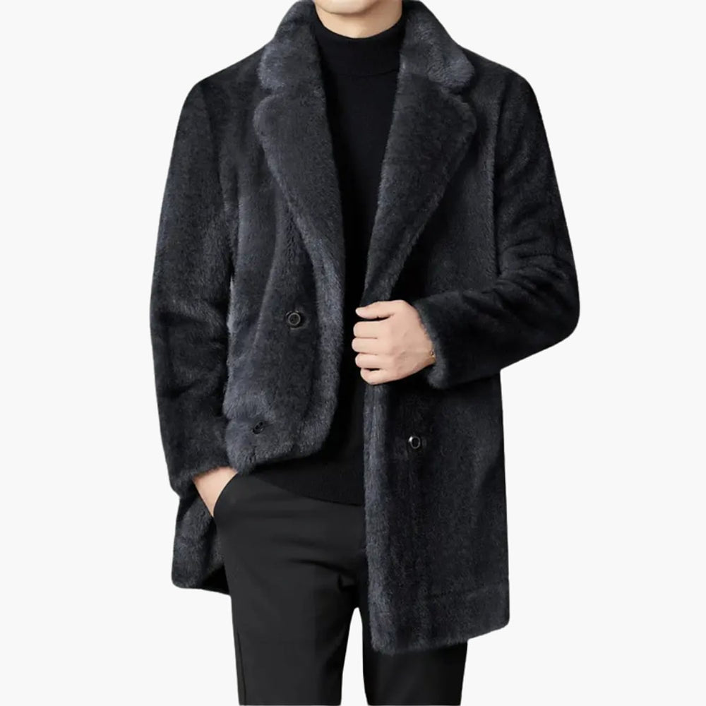 Men's Button Front Faux Fur Coat in Gray, front view