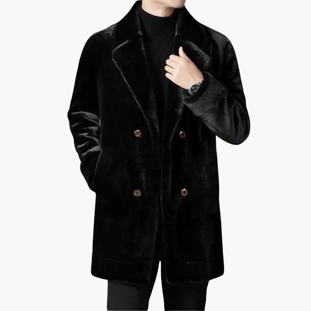 Men's Button Front Faux Fur Coat in Black, front view