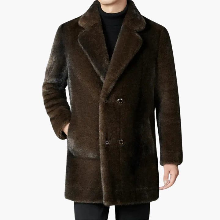 Men's Button Front Faux Fur Coat in Coffee, front view