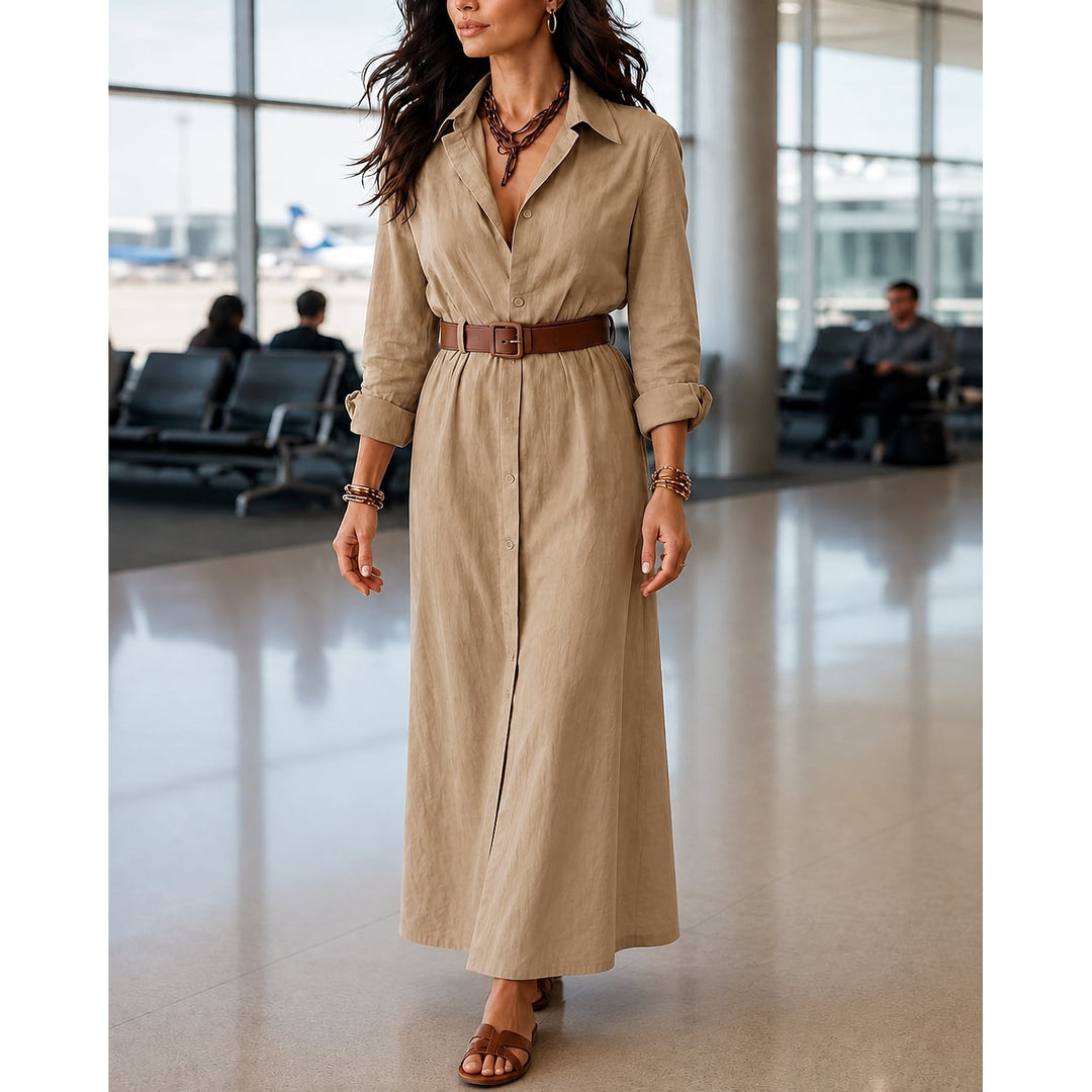 Women's Belted Maxi Shirt Dress in Beige, front view