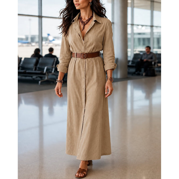Women's Belted Maxi Shirt Dress in Beige, front view