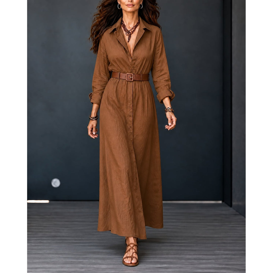 Women's Belted Maxi Shirt Dress in Brown, front view