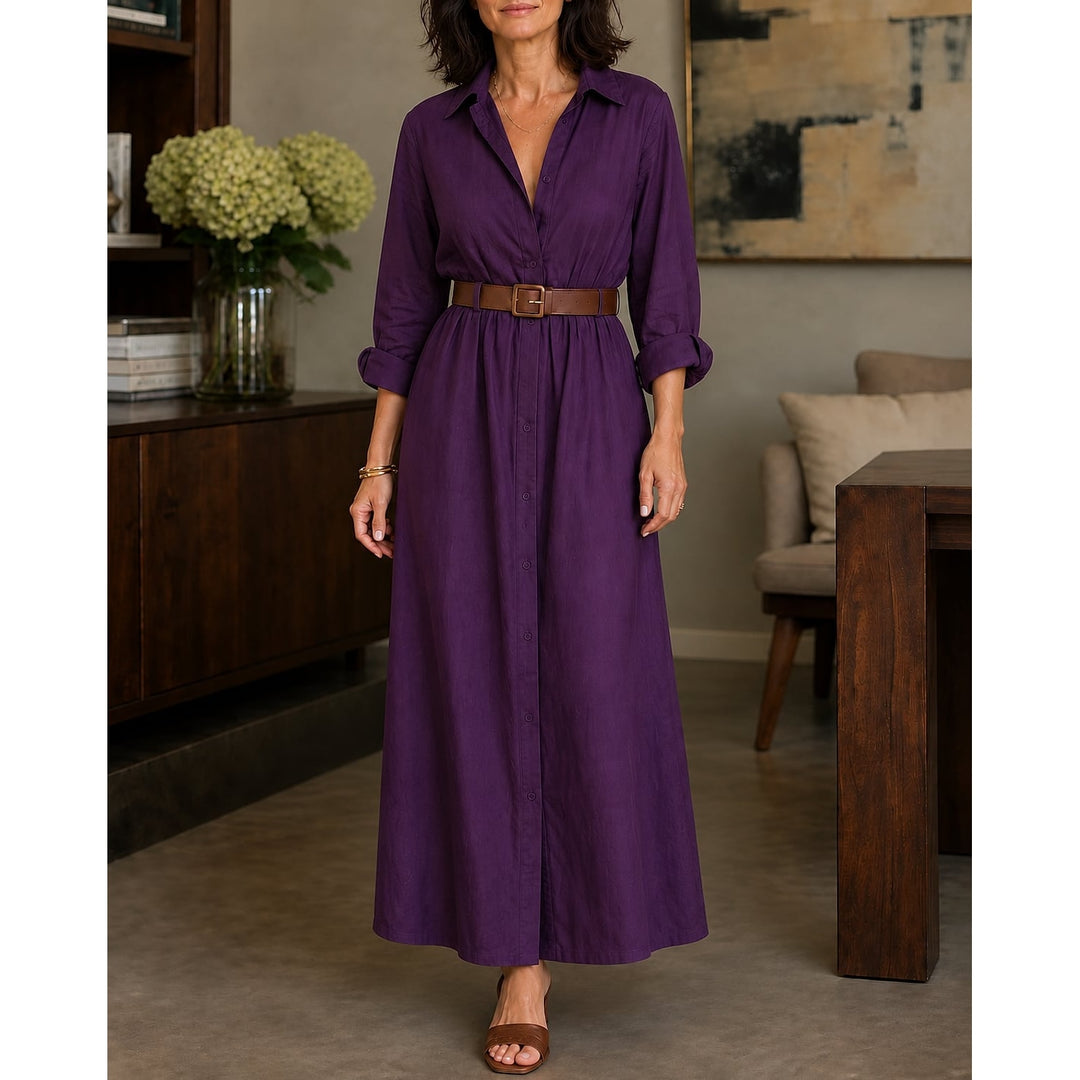 Women's Belted Maxi Shirt Dress in Purple, front view
