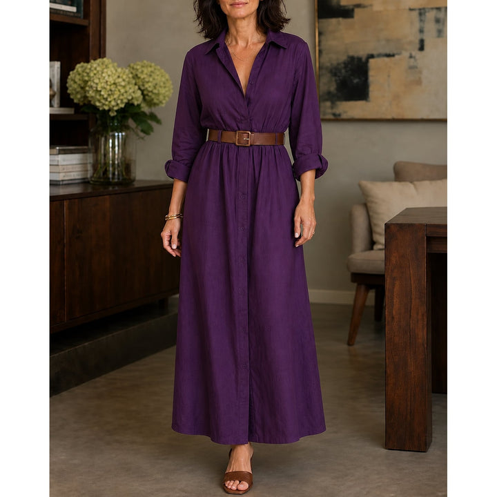 Women's Belted Maxi Shirt Dress in Purple, front view