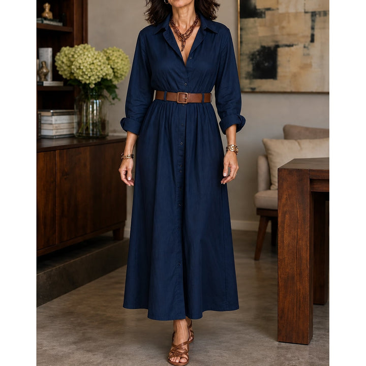 Women's Belted Maxi Shirt Dress in Navy, front view