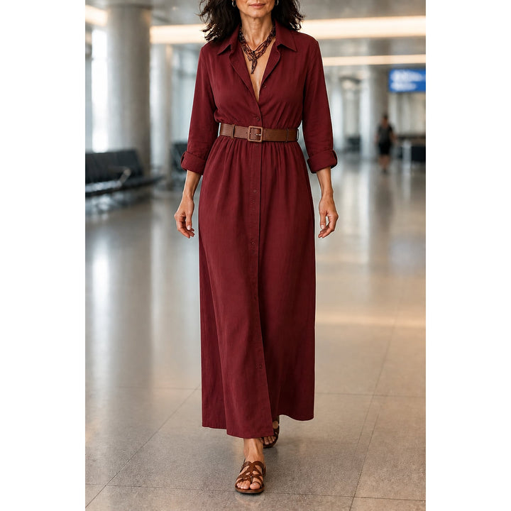 Women's Belted Maxi Shirt Dress in Burgundy, front view