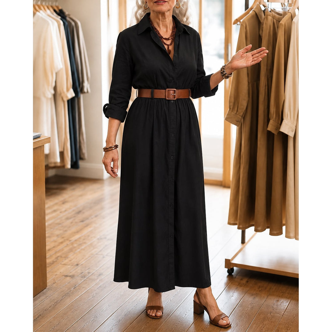 Women's Belted Maxi Shirt Dress in Black, front view