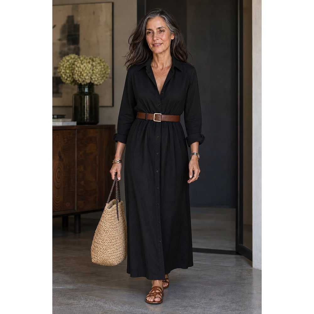 Women's Belted Maxi Shirt Dress, front view 2