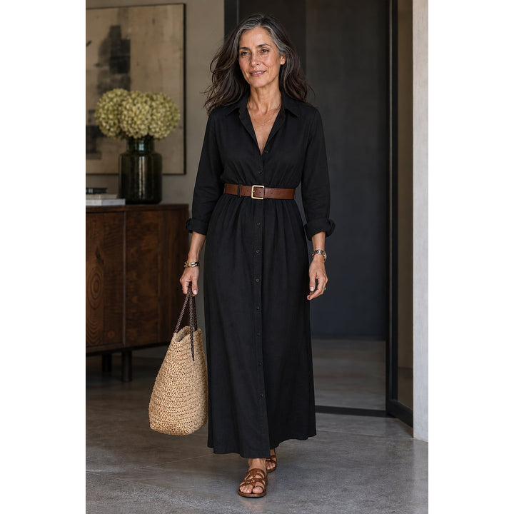 Women's Belted Maxi Shirt Dress, front view 2