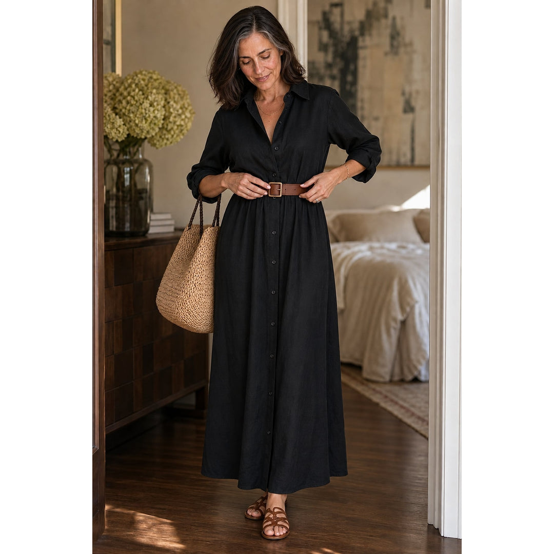 Women's Belted Maxi Shirt Dress, detail view 3