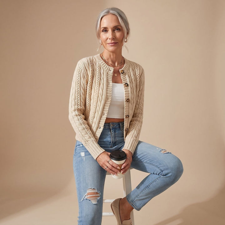 Women's Cropped Cardigan in Apricot, front view