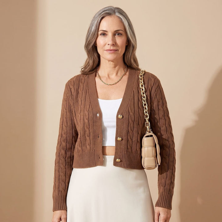 Women's Cropped Cardigan in Brown, front view