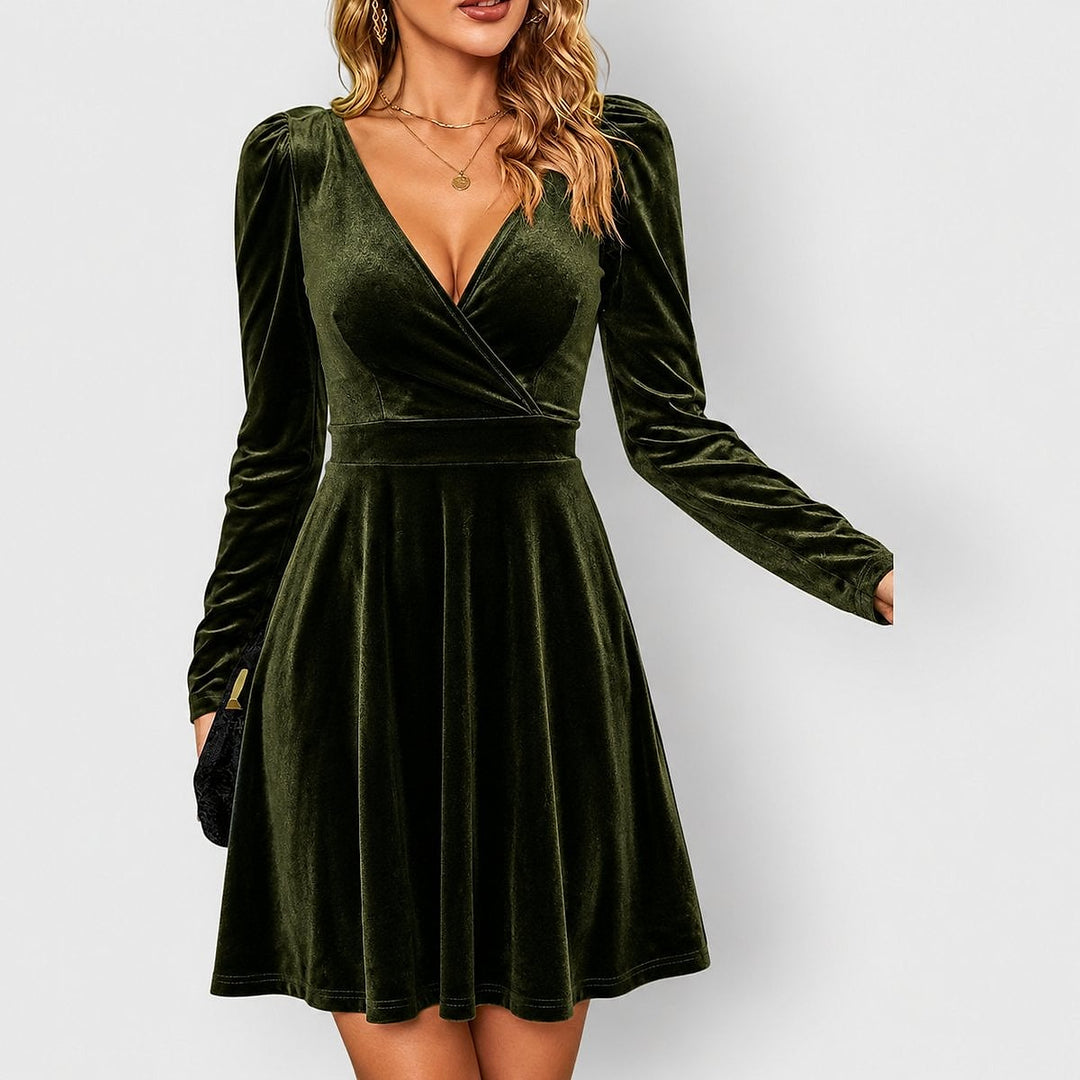 Women's Velvet Mini Dress in Green, front view
