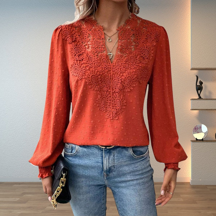 Women's Lace Trim Blouse in Orange, front view