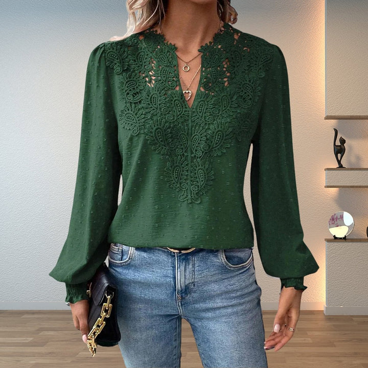Women's Lace Trim Blouse in Dark Green, front view