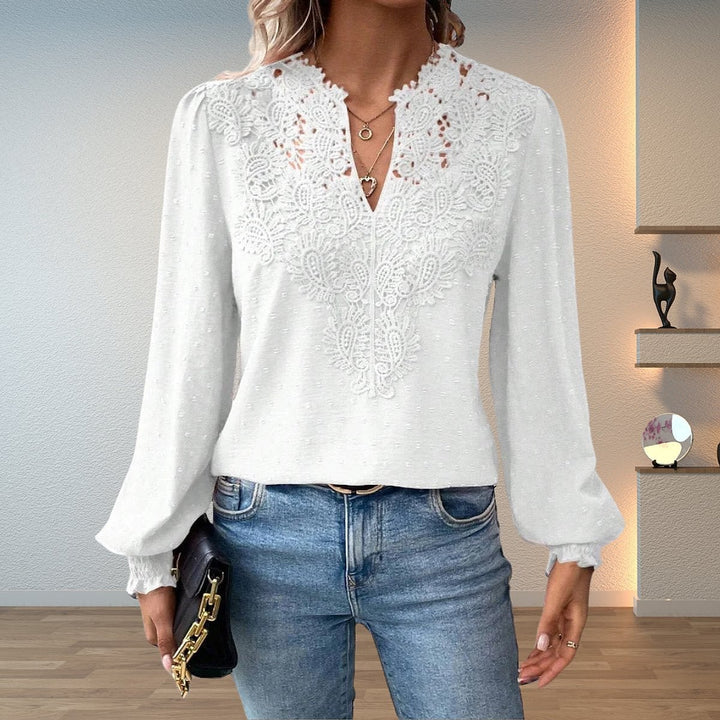 Women's Lace Trim Blouse in White, front view