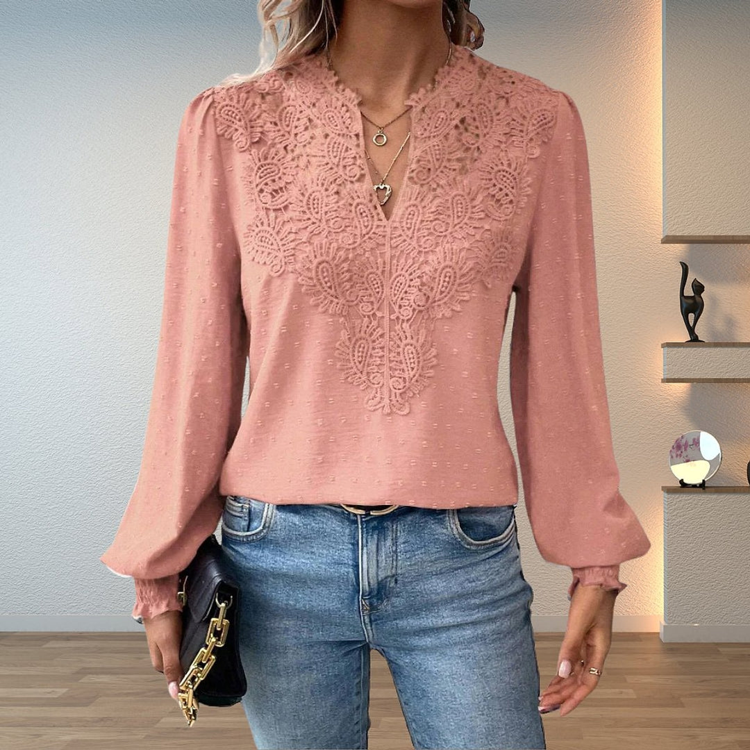Women's Lace Trim Blouse in Pink, front view
