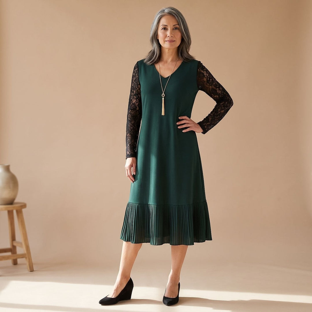 Women's Lace Sleeve Cocktail Dress in Dark Green, front view