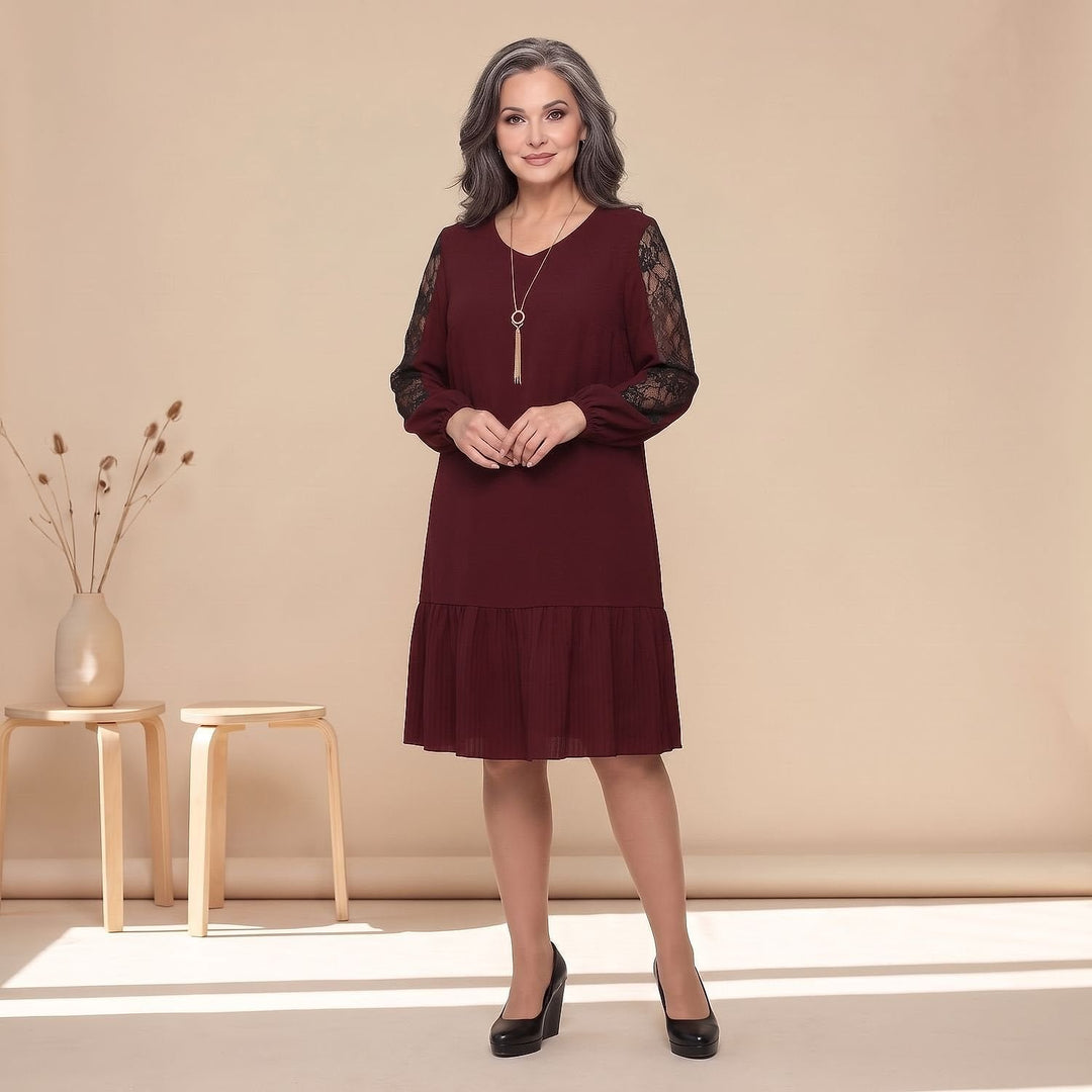 Women's Lace Sleeve Cocktail Dress in Burgundy, front view