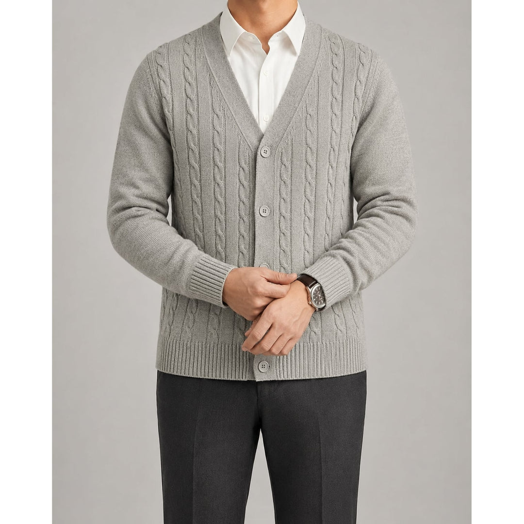 Men's Cable Knit Cardigan in Gray, front view