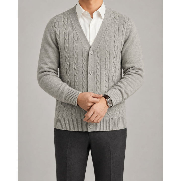 Men's Cable Knit Cardigan in Gray, front view