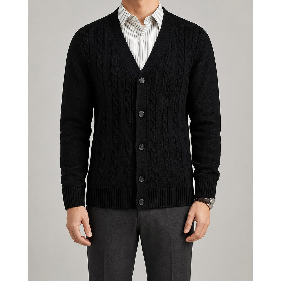 Men's Cable Knit Cardigan in Black, front view