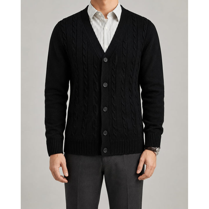 Men's Cable Knit Cardigan in Black, front view
