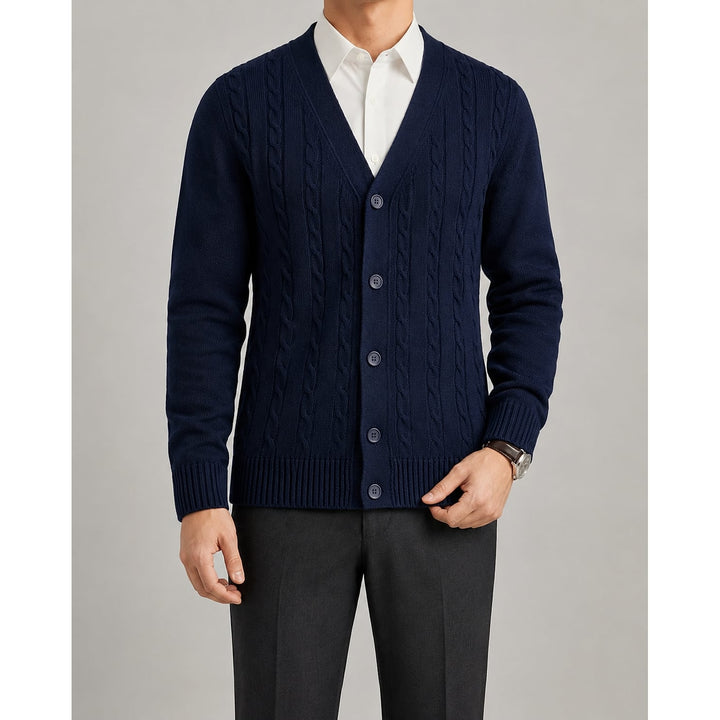 Men's Cable Knit Cardigan in Navy, front view