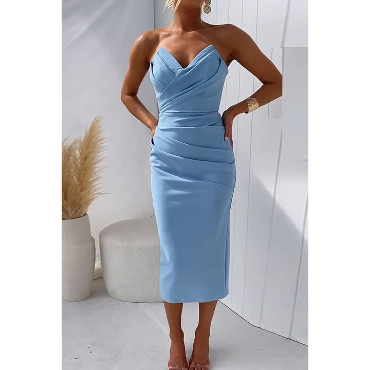 Women's Strapless Midi Cocktail Dress in Blue, front view