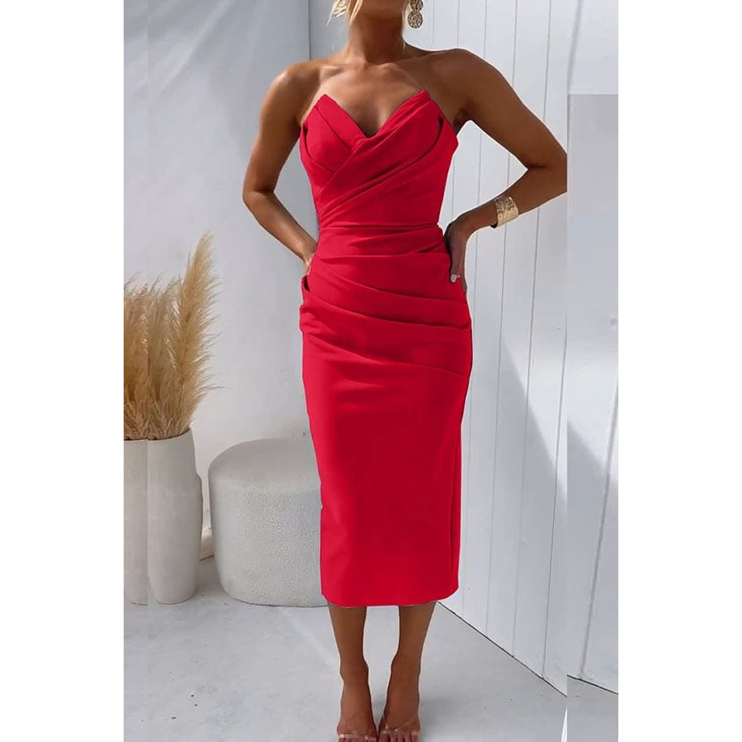 Women's Strapless Midi Cocktail Dress in Red, front view
