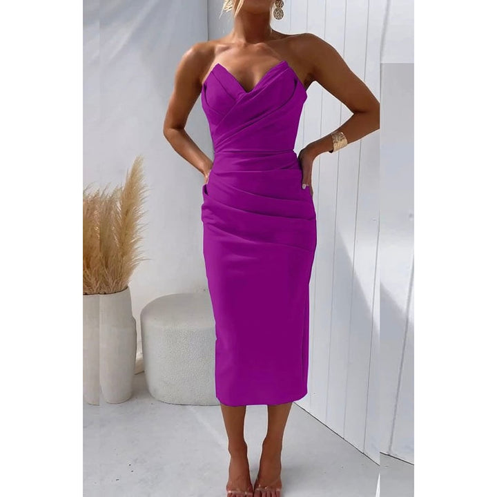 Women's Strapless Midi Cocktail Dress in Purple, front view