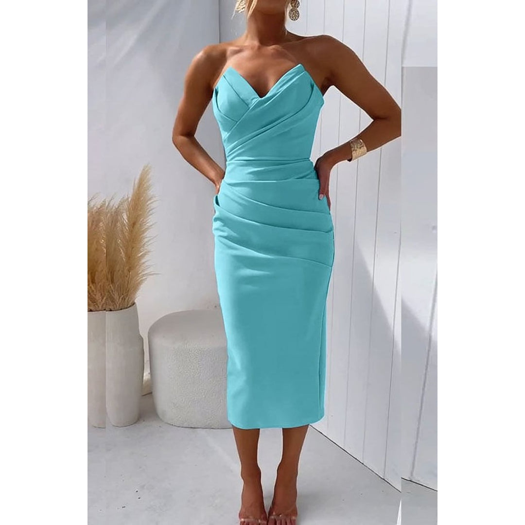 Women's Strapless Midi Cocktail Dress in Turquoise, front view