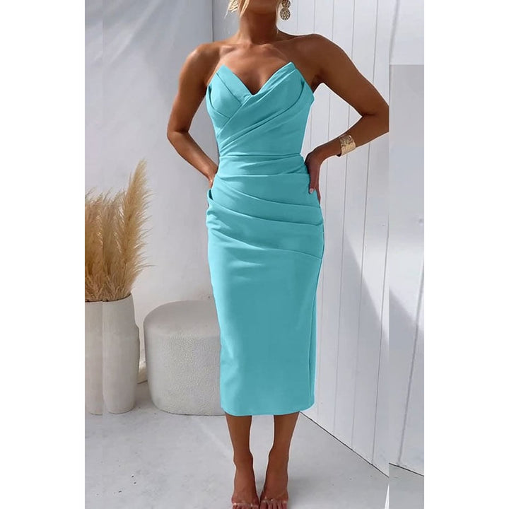 Women's Strapless Midi Cocktail Dress in Turquoise, front view